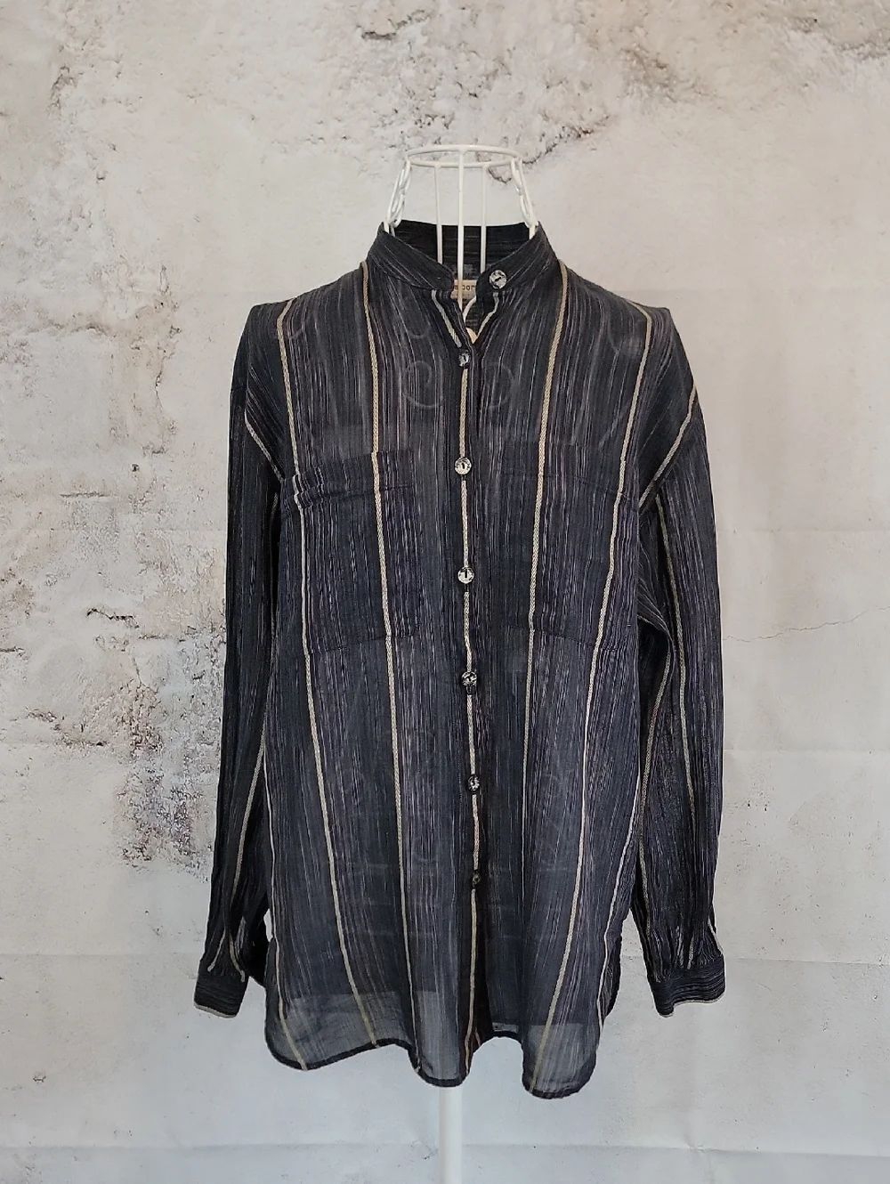 LizβClaiborne Sheer 100% Cotton Black Striped Button-Up Shirt Womens Size 6